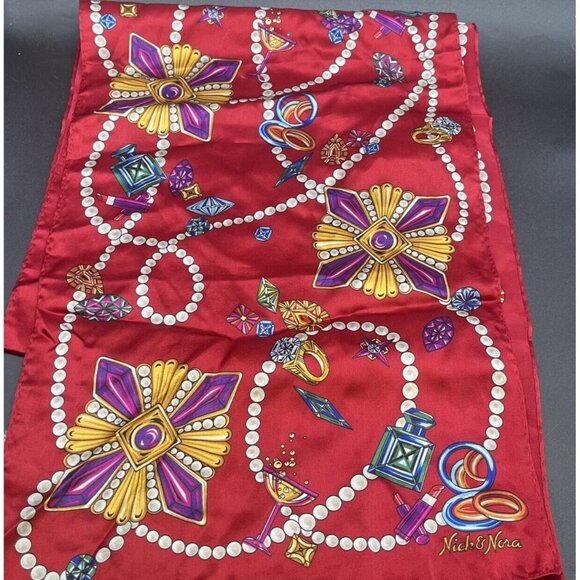 Nick & Nora  Scarf 100% Silk Jewelry Print Bling Red Background Oblong 60” - Picture 1 of 5